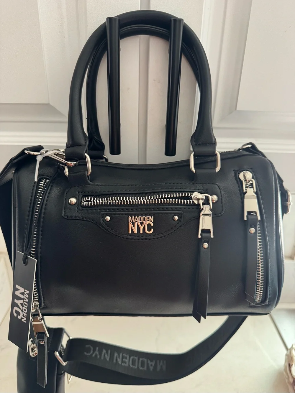 NWT- core barrel Madden NYC Black Satchel with Wide Logo Strap.